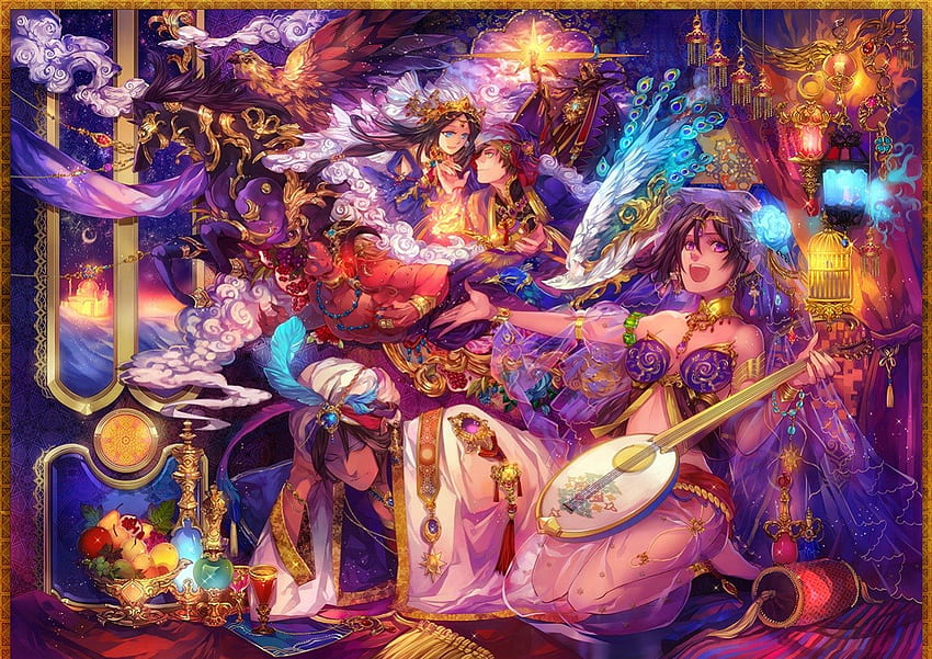 Anime couple, blue, lamp, guitar, aladin, rose, music, feather, flower, couple, happy, peacock, art, man, girl, fruits, woman, purple, pink, anime, love, yellow, arabian, lantern, jasmine, manga HD wallpaper