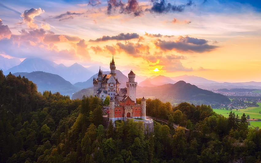 Castello di Neuschwanstein, castello, Neuschwanstein, tramonto, Baviera Sfondo HD