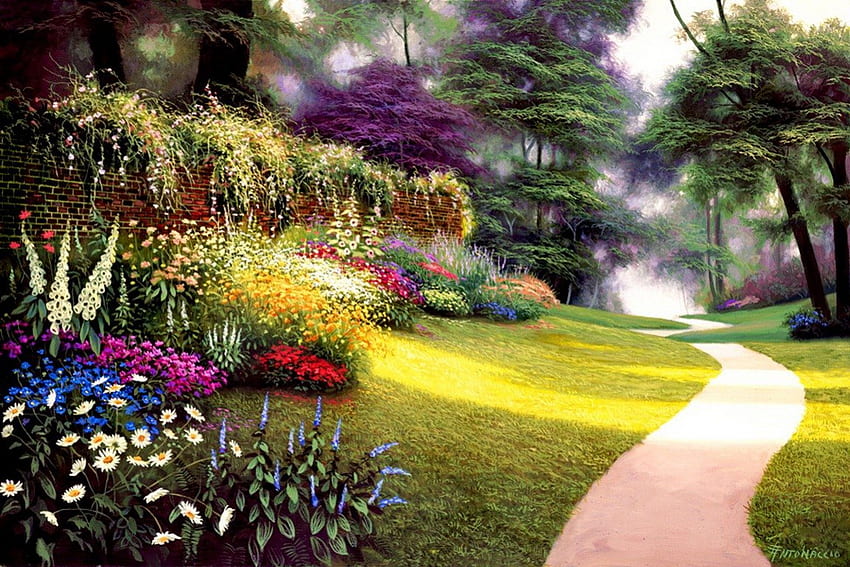 Garden path, sunny, colorful, place, alleys, spring, nice, day, painting, blossoms, trees, art, path, garden, paradise, beautiful, summer, freshness, blooming, nature, flowers, lovely HD wallpaper