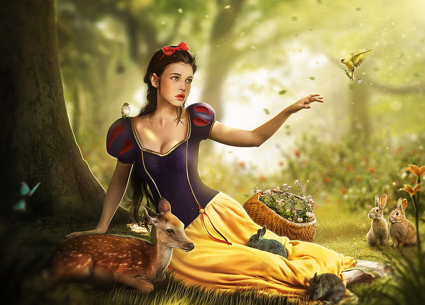 Snow White, animal, disney, hosne qanadelo, girl, fanart, fantasy, yellow, deer, forest, princess HD wallpaper