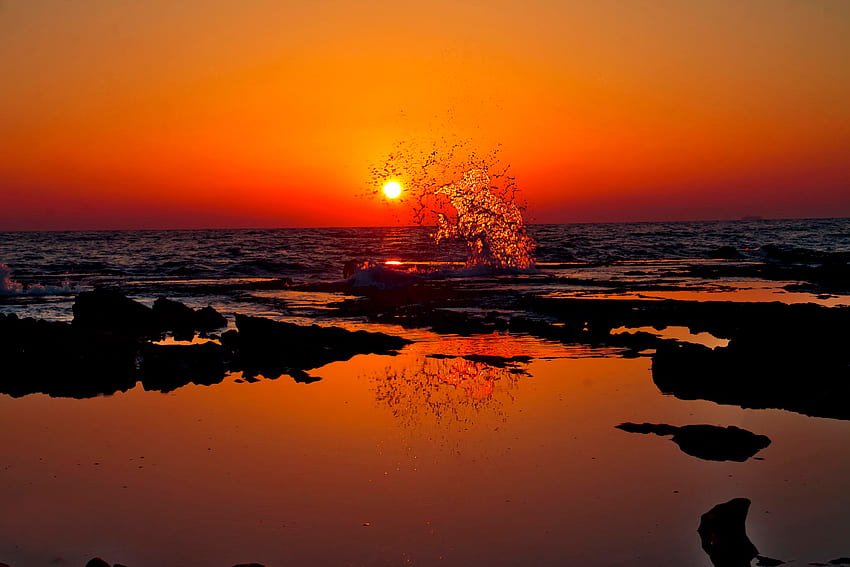 Naturaleza, puesta de sol, orilla, banco, océano, salpicadura, India fondo de pantalla