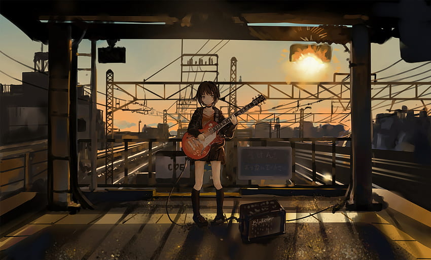 Muzyk, anime, sztuka, gitara, dziewczyna, gitara elektryczna Tapeta HD