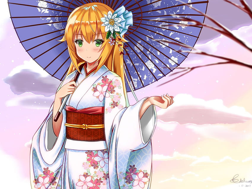 Anime Girl Kimono Blonde Umbrella Cool.site HD wallpaper