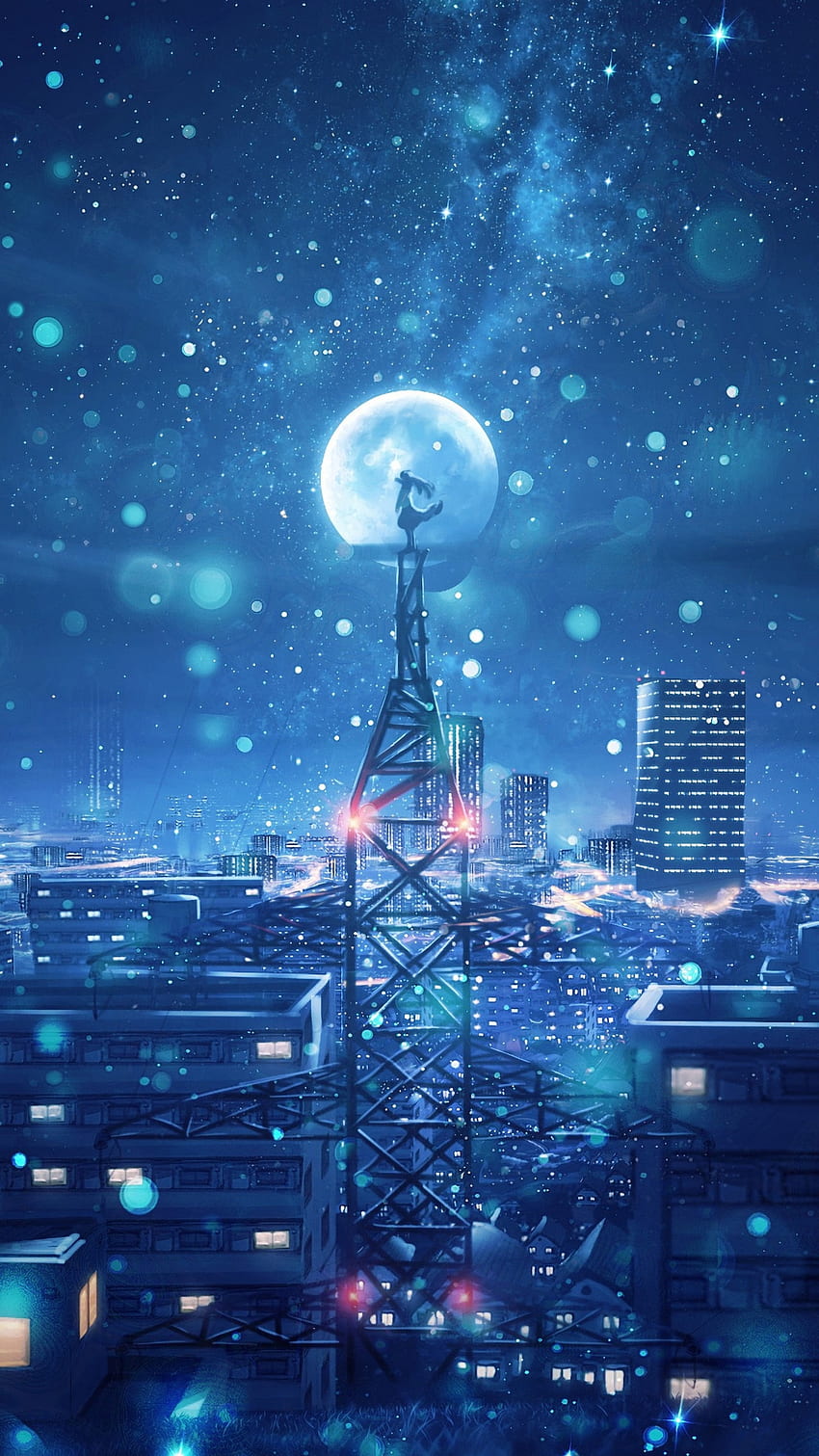 Blue Night Big Moon Anime Scenery Sony Xperia X, XZ, Z5 Premium , , Background, and HD phone wallpaper