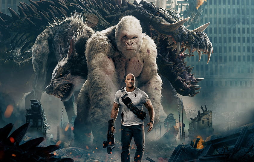 City, Action, Fantasy, Fire, Flame, White, Wolf, 2018, Dwayne Johnson, EXCLUSIVE, Movie, Kate, Film, Crocodile, Monsters, Adventure for , section фильмы, Film Action HD wallpaper