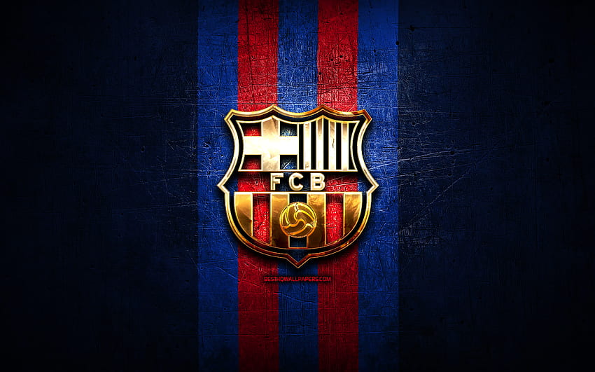 FC Barcelona Basquet, złote logo, ACB, niebieskie metalowe tło, hiszpańska drużyna koszykówki, logo FC Barcelona Basquet, koszykówka, Barcelona Basquet Tapeta HD
