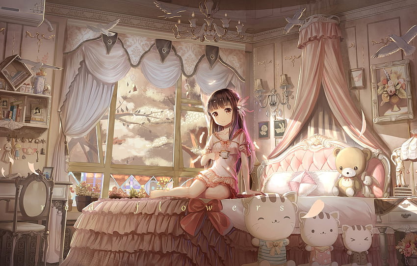 Girl, trees, smile, room, toys, bed, anime, Sakura, art, red flowers for ,  section сёдзё, Anime Girl Bedroom HD wallpaper | Pxfuel