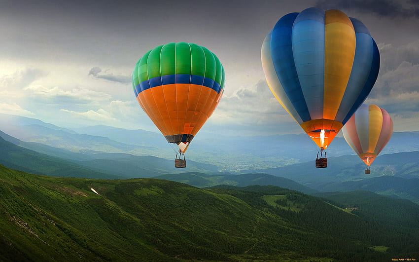 Over Hills, colors, hot air balloons, sky, hills HD wallpaper