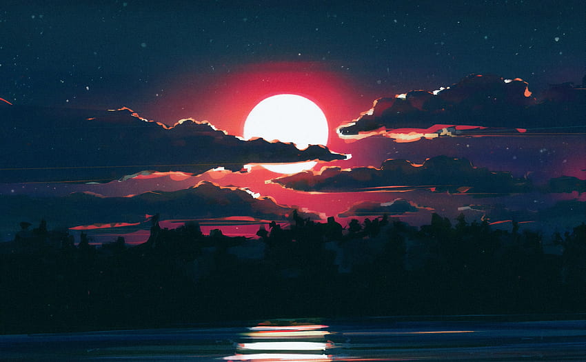 Lunar, moon, lake, clouds, reflections, night HD wallpaper