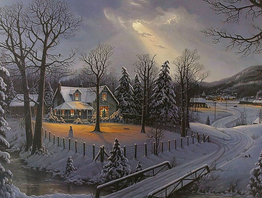 Holiday Homecoming, musim dingin, karya seni, lukisan, salju, natal, pagar, pohon, langit, pondok, malam Wallpaper HD