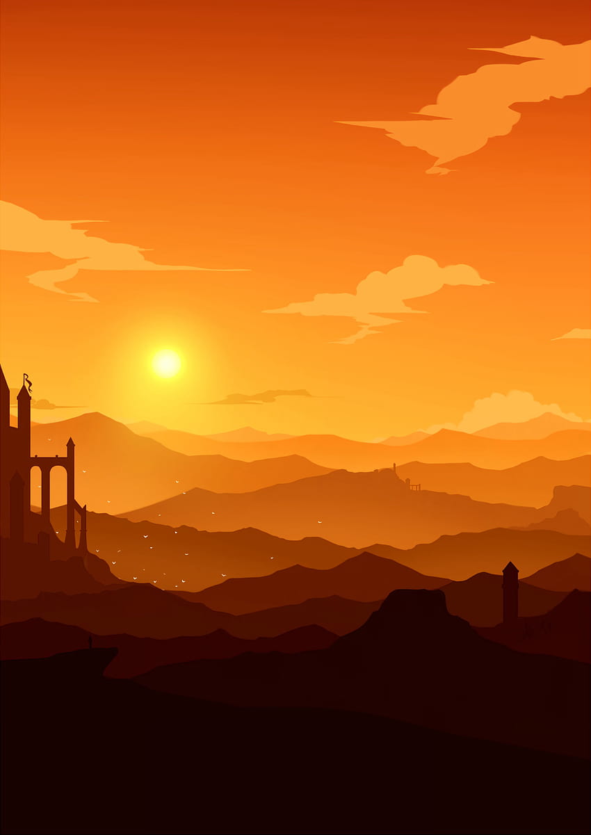 Góry, horyzont, zamek, zachód słońca, sztuka Tapeta na telefon HD
