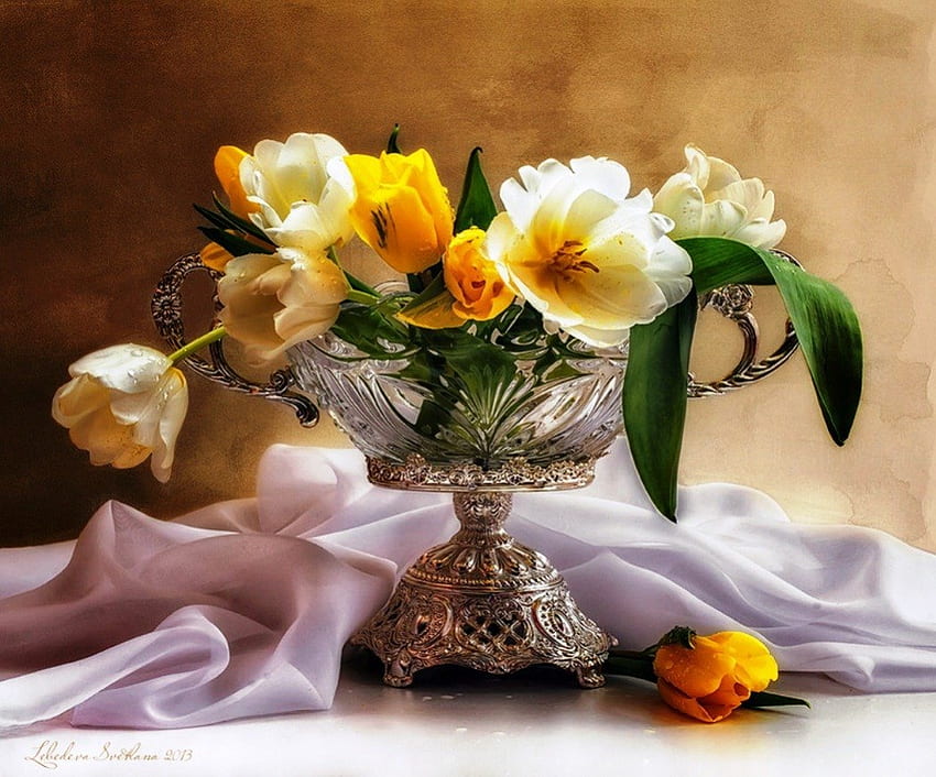 Tulipany w wazonie, grafika, sztuka, kwiatowy, miękki, wazon, kolory, tulipany, aranżacja, wiosna, piękno, delikatny, abstrakcyjny, płatki, artysta, natura, kwiaty Tapeta HD