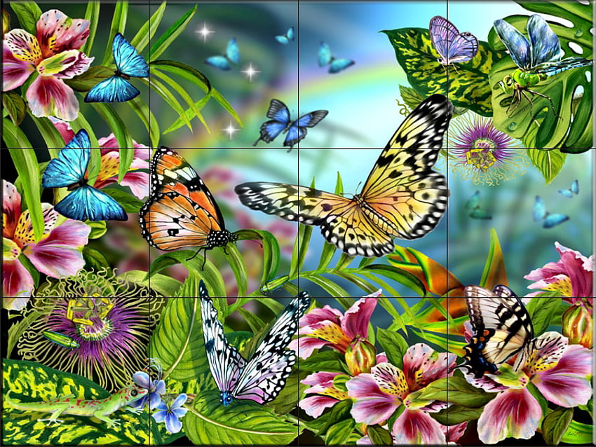 farfalla, farfalle, muro, piastrelle, insetti Sfondo HD