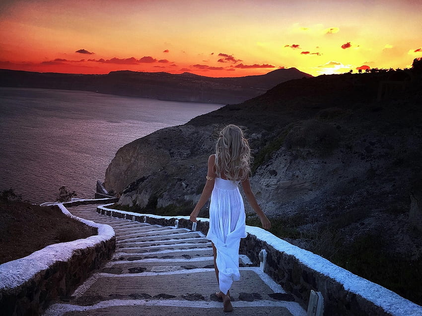 ANDREANE CAMBERLAND, walking down steps, blonde, sunset, bay, white gown, jewelry HD wallpaper