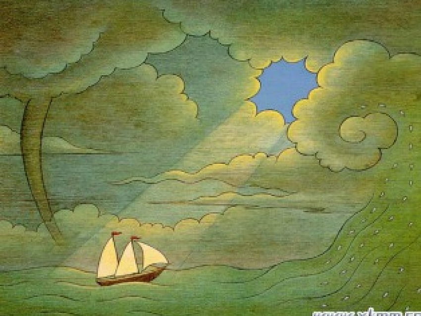 帆船、太陽光線、雲、小川 高画質の壁紙