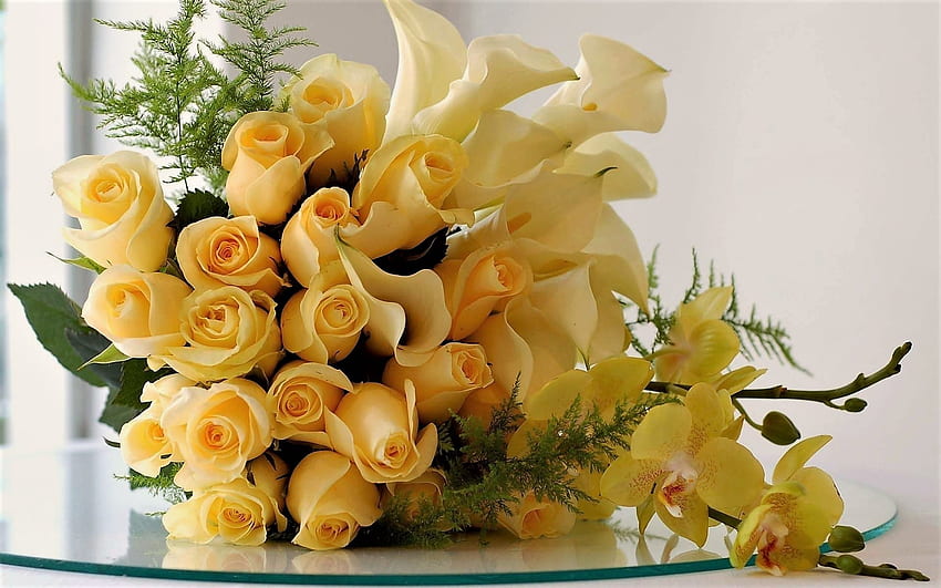 kompozycja kwiatowa, kwiaty, róże, storczyki, kalie Tapeta HD