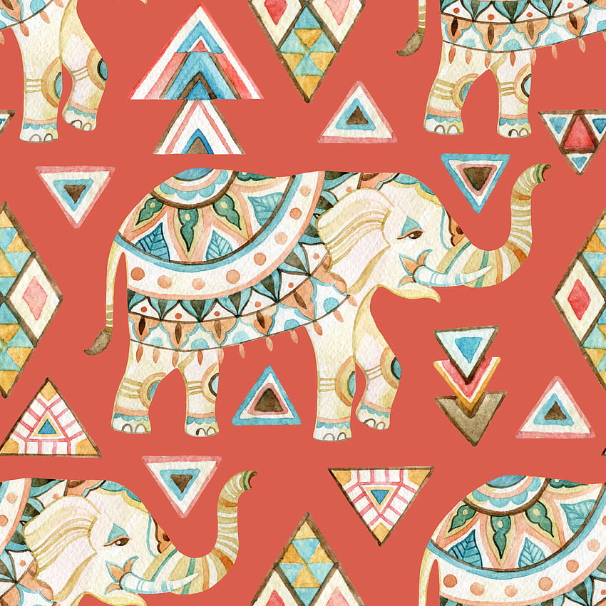 Elefante indio adornado acuarela de patrones sin fisuras, Resumen indio fondo de pantalla del teléfono