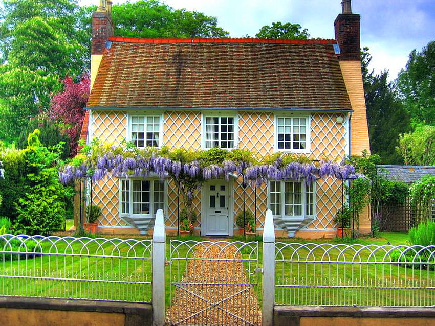 Grazioso cottage gallese, Galles, grazioso, alberi, viti, fiori, cottage, passerella Sfondo HD