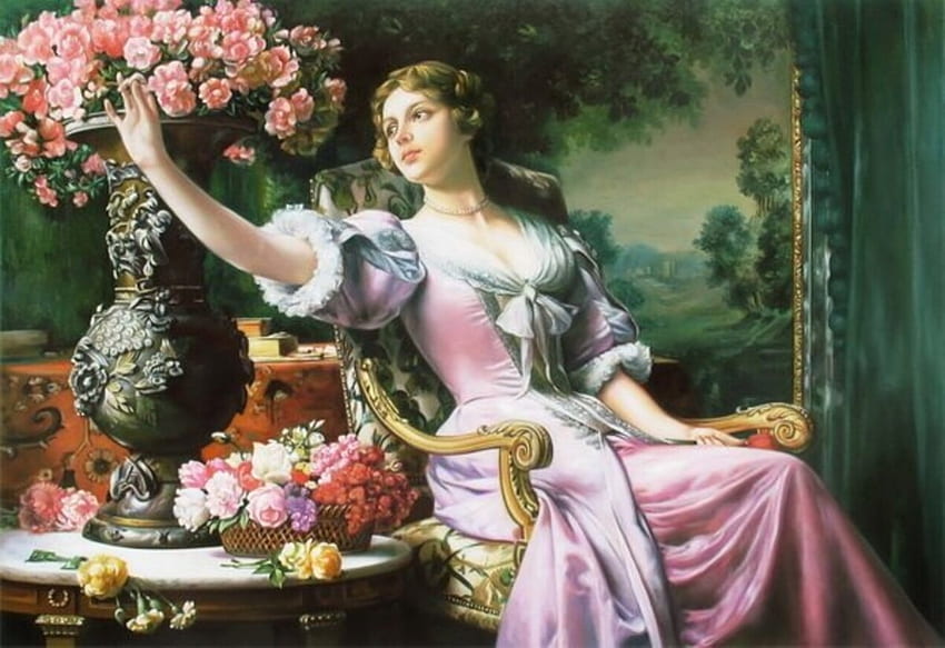 ❀ Die Blüte der Jugend ❀, Blumen, Dame, Vase, Stuhl, Korb, Tisch HD-Hintergrundbild
