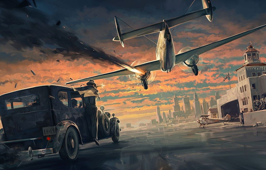 The sky, Clouds, The city, Machine, The building, Art, The airfield, The plane, Mafia, Definitive Edition, Hangar 13, Mafia: Definitive Edition for , section игры HD wallpaper
