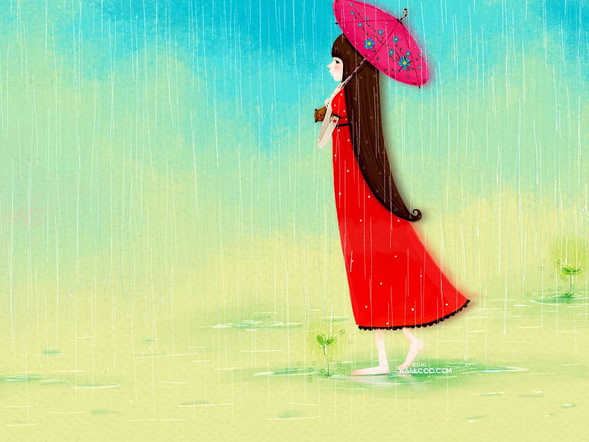 Raining at red, girl walking, umbrella, rain, red HD wallpaper
