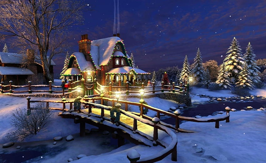 Празници, реки, нощ, сняг, елхи, къща, мост HD тапет