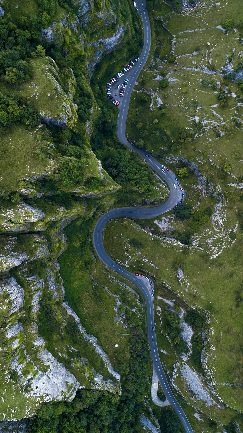 Natur, Gebirge, Großbritannien, Autos, Ansicht von oben, Straße, Kurvenreich, Gewunden, Vereinigtes Königreich, Cheddar HD-Handy-Hintergrundbild