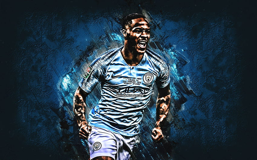 Raheem Sterling, grunge, Manchester City FC, 2019, England, soccer, Raheem Shaquille Sterling, english footballers, blue stone, Premier League, Man City, football for with resolution . High Quality HD wallpaper
