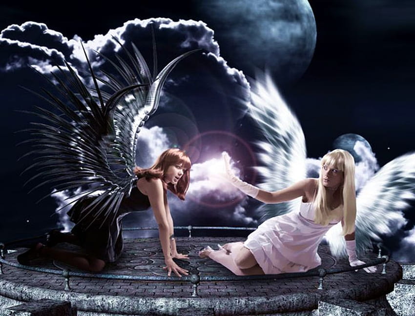 SCHWARZ-WEISS-ENGEL, weiß, magisch, schwarz, böse, Engel, gut, Frau, weiblich HD-Hintergrundbild