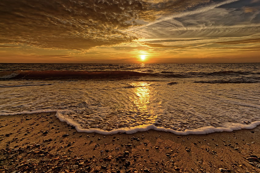 Beach, Nature, Sunset, Sea, Clouds, Horizon, Foam, Wave HD wallpaper