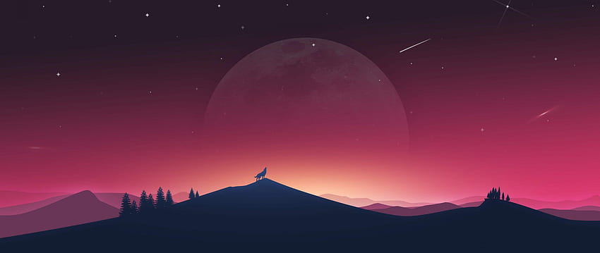 Wolf Howling to Moon Minimalistischer, minimalistischer Doppelschirm HD-Hintergrundbild