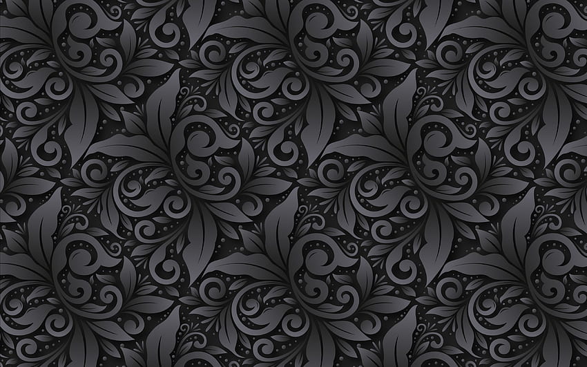 czarne tło, , kwiatowe wzory 3D, kwiatowe ozdoby, vintage kwiatowy wzór, tło z ornamentami, tekstury 3D, kwiatowe wzory, czarne tła Tapeta HD