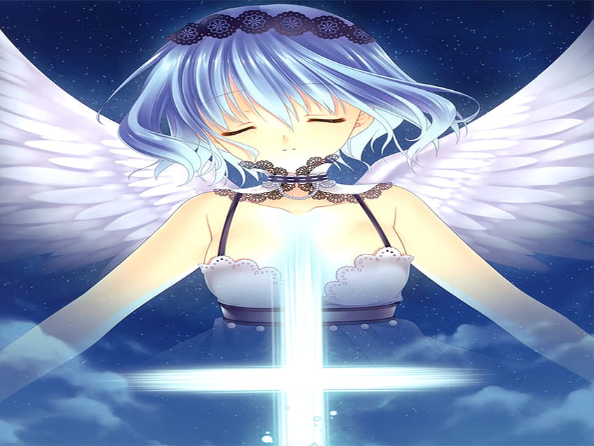 엔젤 글로우 크로스, 애니메이션 소녀, 날개, 노을, 십자가, 하늘, 천사, 구름, 여성 HD 월페이퍼