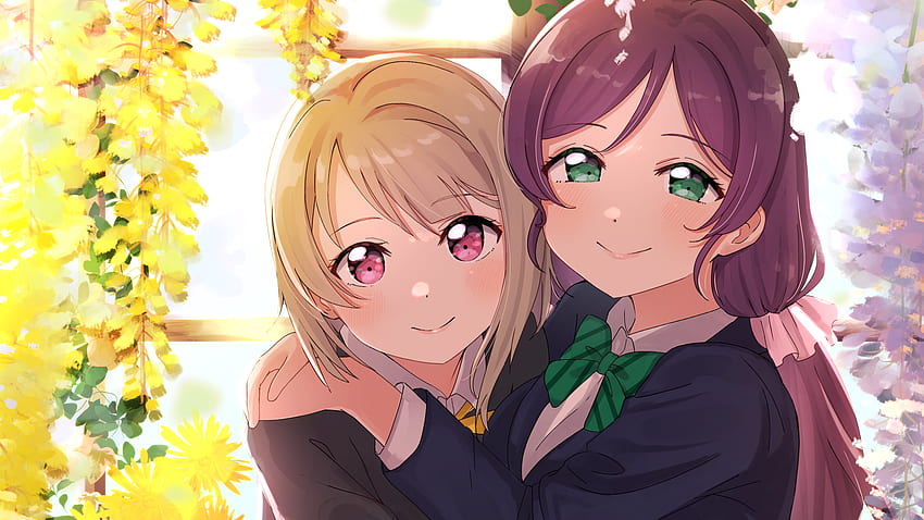 Green Pink Eyes Anime Girls With School Uniform Flowers Background Anime Girl HD wallpaper