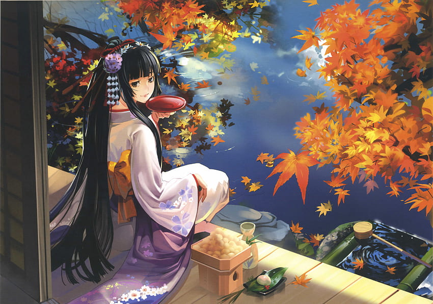 Original, kimono, black hair, petals, head band, long hair, food, water HD wallpaper