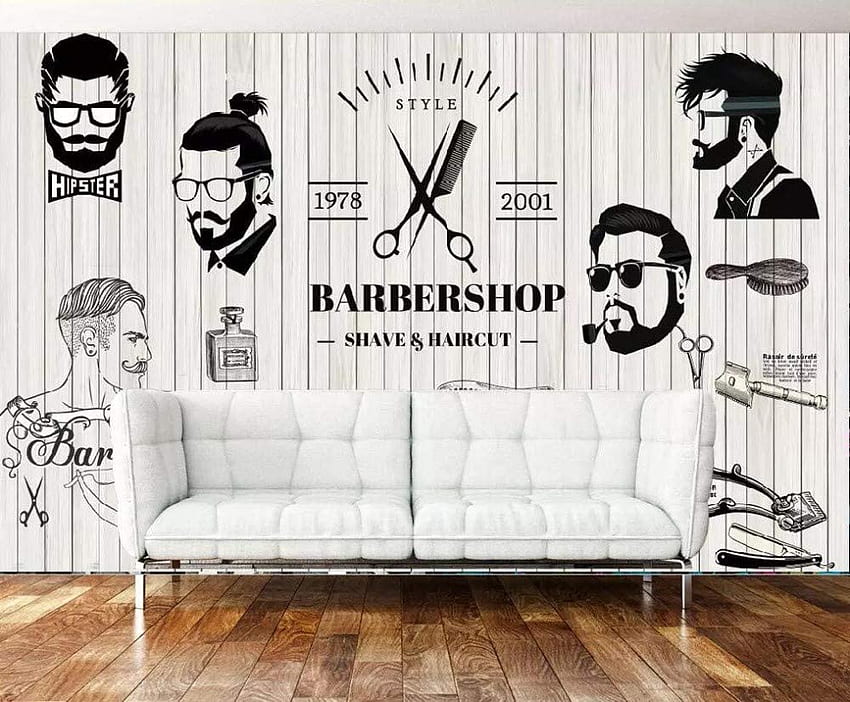 Ретро носталгичен черно-бял фон за салон за красота Стена Декорация на бръснарница 3D, 300cm × 210cm, салон HD тапет