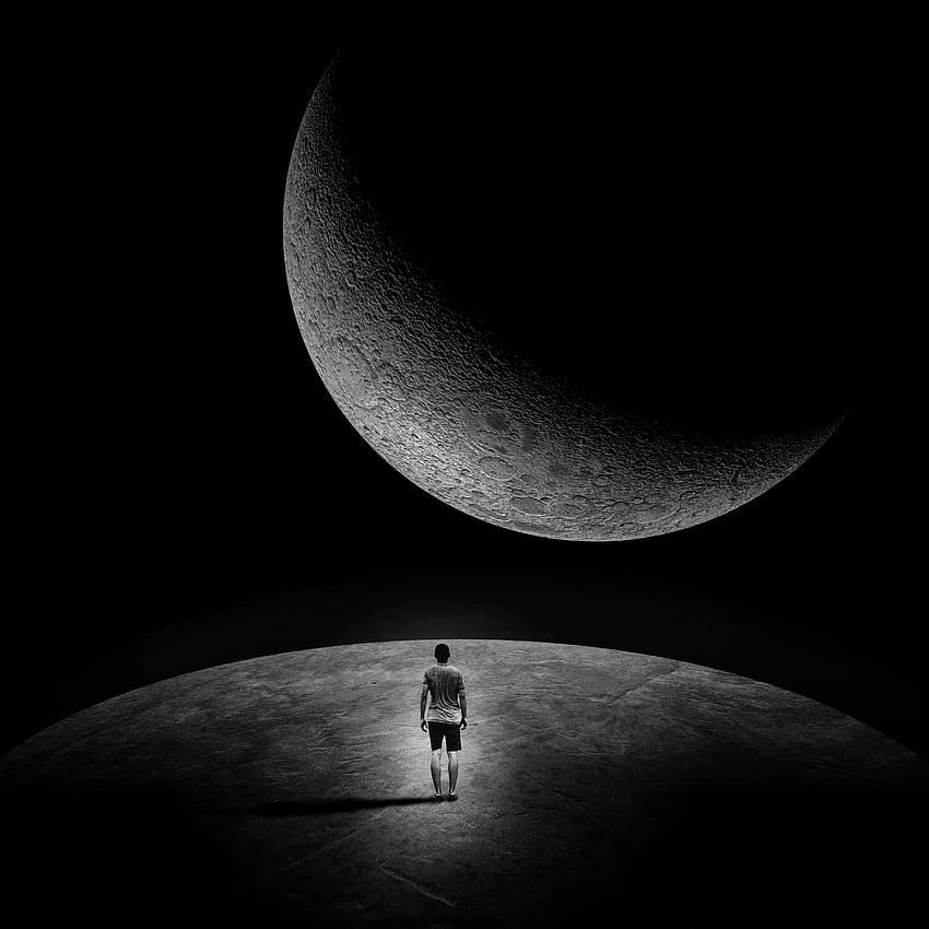 Moon, Dark, Space, Human, Person, Loneliness, Cosmic, Black And White, Black-And-White, Extraterrestrial HD phone wallpaper