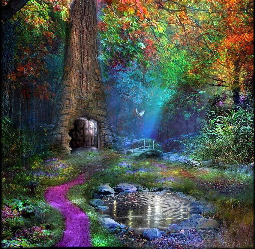 Врата към......., магия, врата, пътека, вход, цветове, страна на чудесата, гора, езерце HD тапет