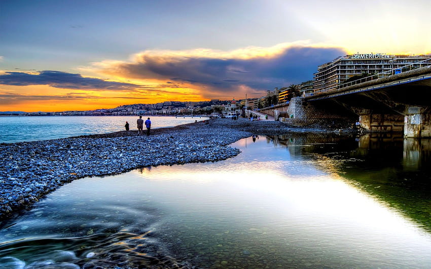 Beach: WALK SEASIDE Evening Clouds Bridge South France Beach, South of France HD wallpaper