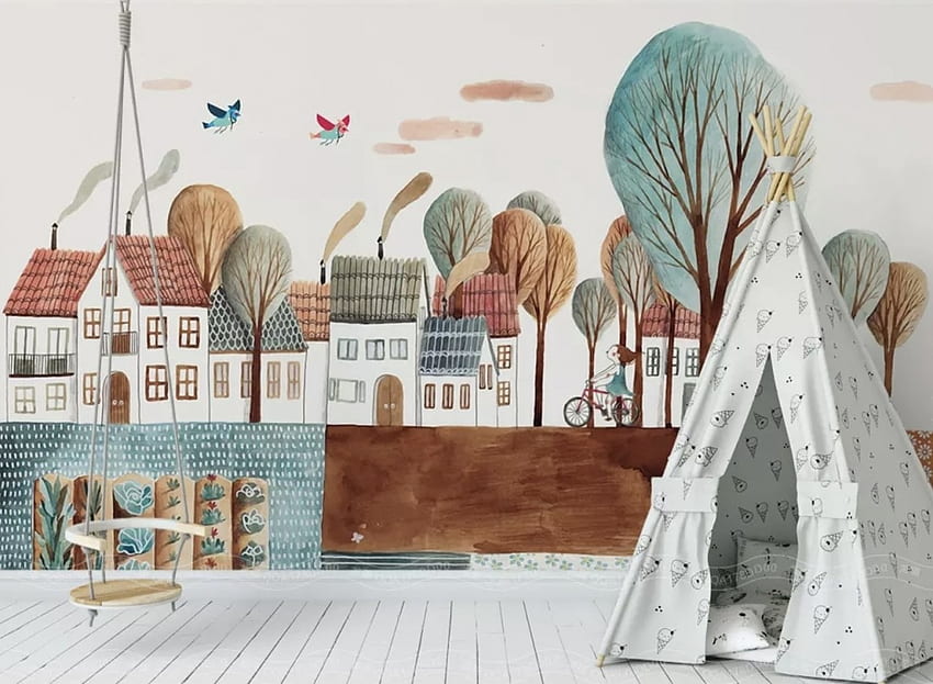 Cartoon Abstract Village Landscape Mural - • Wallmur®, Cartoon Town HD wallpaper