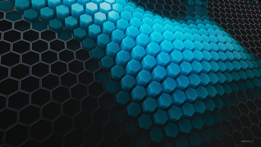 Hexagons , Patterns, Cyan background, Cyan blocks, Abstract, Black and Cyan HD wallpaper