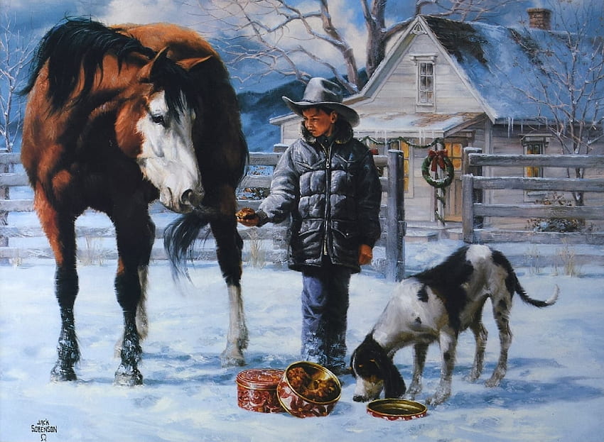 my friends, dogs, winter, cowboys, horses HD wallpaper
