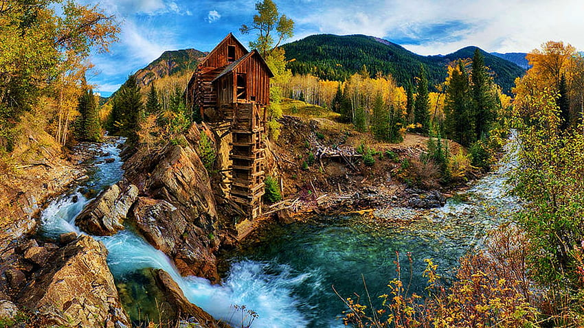 The Crystal Mill vicino a Marble, Colorado, fiume, rocce, usa, nuvole, alberi, cielo, mulino ad acqua, montagne, foresta Sfondo HD