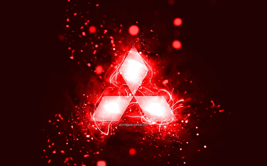 Rotes Mitsubishi-Logo, rote Neonlichter, kreativer, roter abstrakter Hintergrund, Mitsubishi-Logo, Automarken, Mitsubishi HD-Hintergrundbild