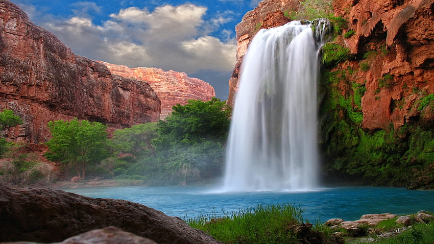 Beautiful Waterfall, clouds, waterfalls, sky, nature, rocks, beauty HD wallpaper