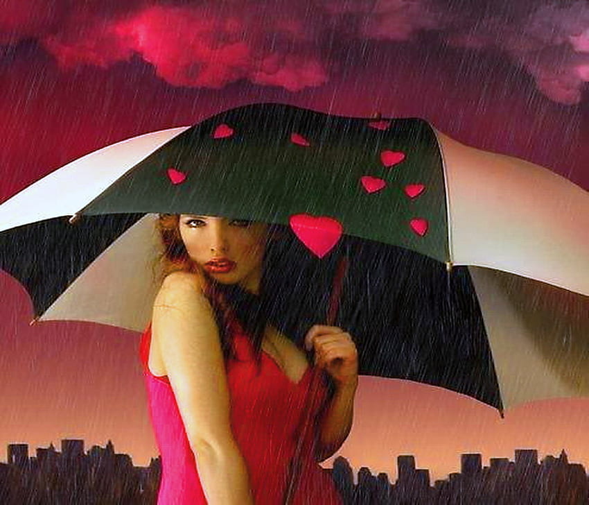 Douche d'amour, parapluie, ciel rouge, pluie, robe rouge, femme, rayures, noir et blanc, coeurs, nuages Fond d'écran HD