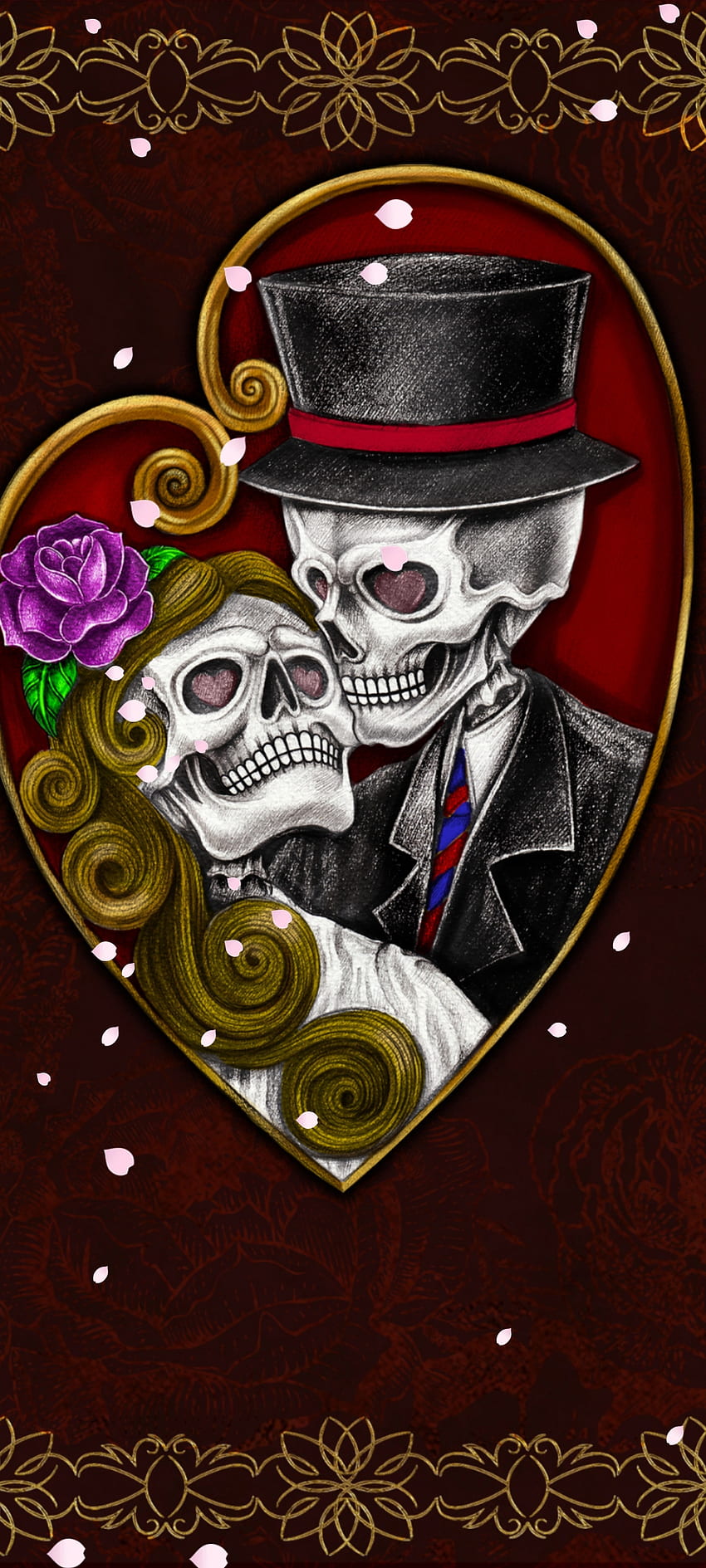 Esqueleto ture Amor, oro, arte, Parejas, sombrero de traje, premium, romántico, calavera, iphone, corazón fondo de pantalla del teléfono
