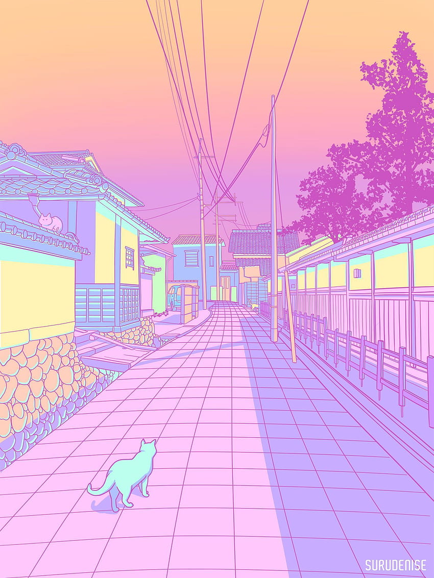 Pastellfarbenes Japan, Katzen und Gassen Illustrationen. Ästhetisches Pastell, Ästhetische Kunst, Pastellästhetik, Japanische Pastellästhetik HD-Handy-Hintergrundbild