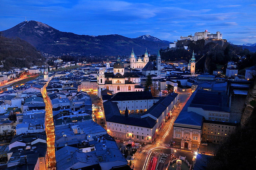 salzburg, austria, night, top view, streets, buildings HD wallpaper