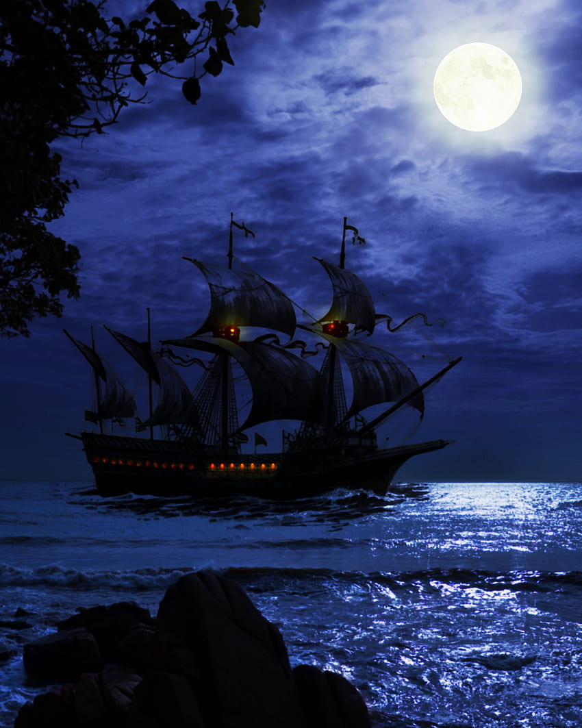 Sztuka, morze, noc, fale, ciemność, statek Tapeta na telefon HD